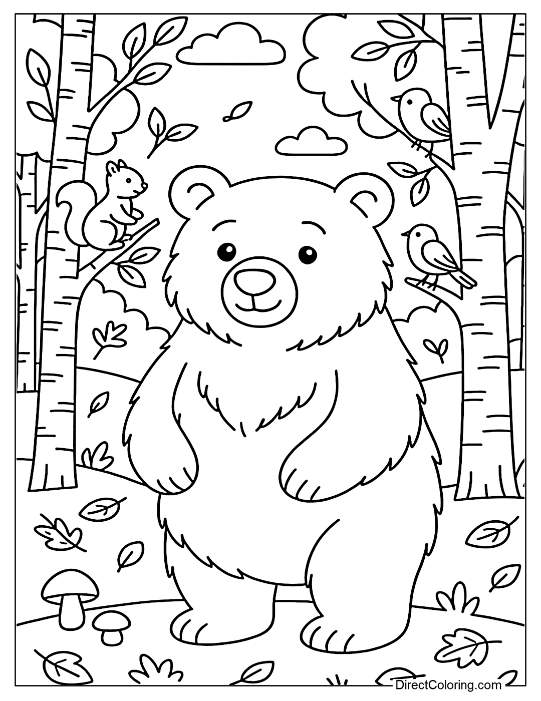 Coloring page for a Russian bear in a birch forest, with mushrooms and fallen leaves.
